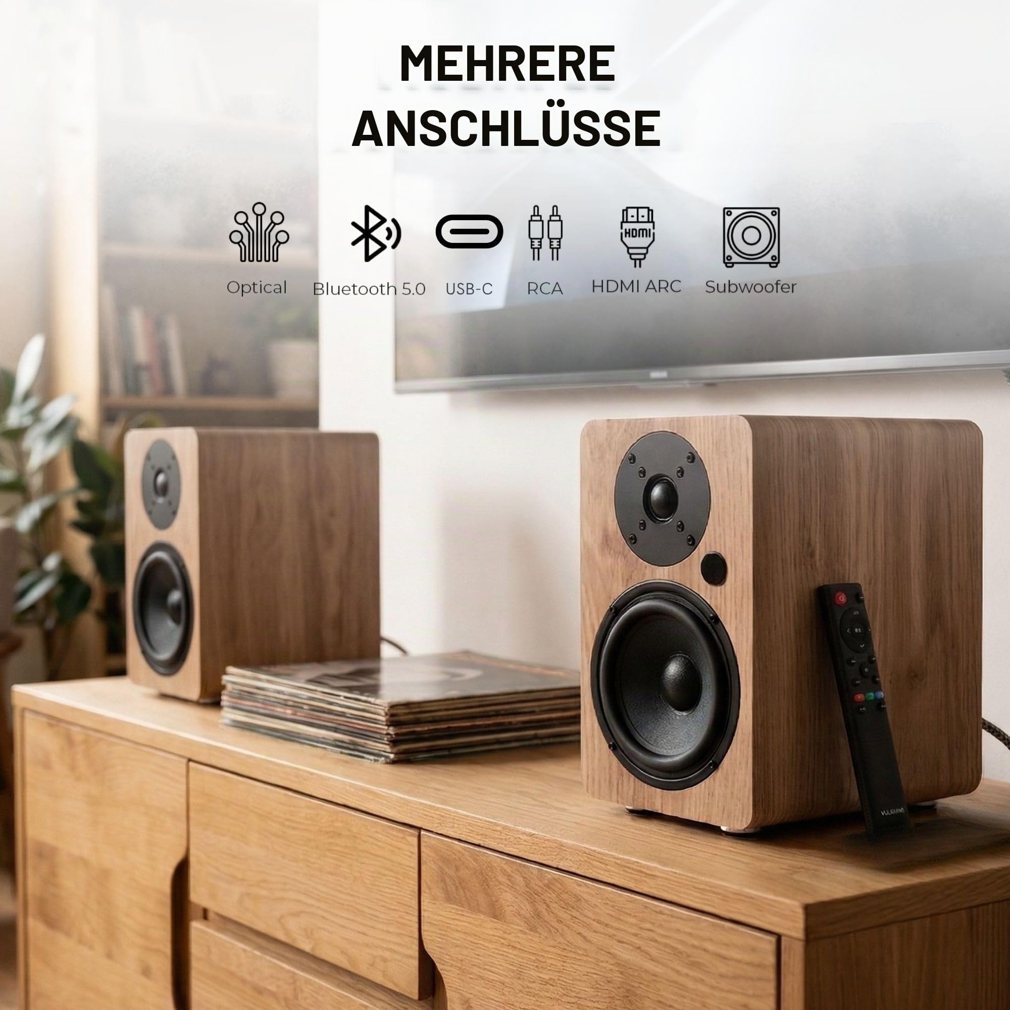 VULKKANO A5 Arc MKII Verstärkerlautsprecher mit 5,25 Zoll Tieftöner, Bluetooth 5.0, HDMI Arc, optischer Ausgang, RCA, USB, Subwoofer-Ausgang, Lautsprecher für Fernseher, Braun.
