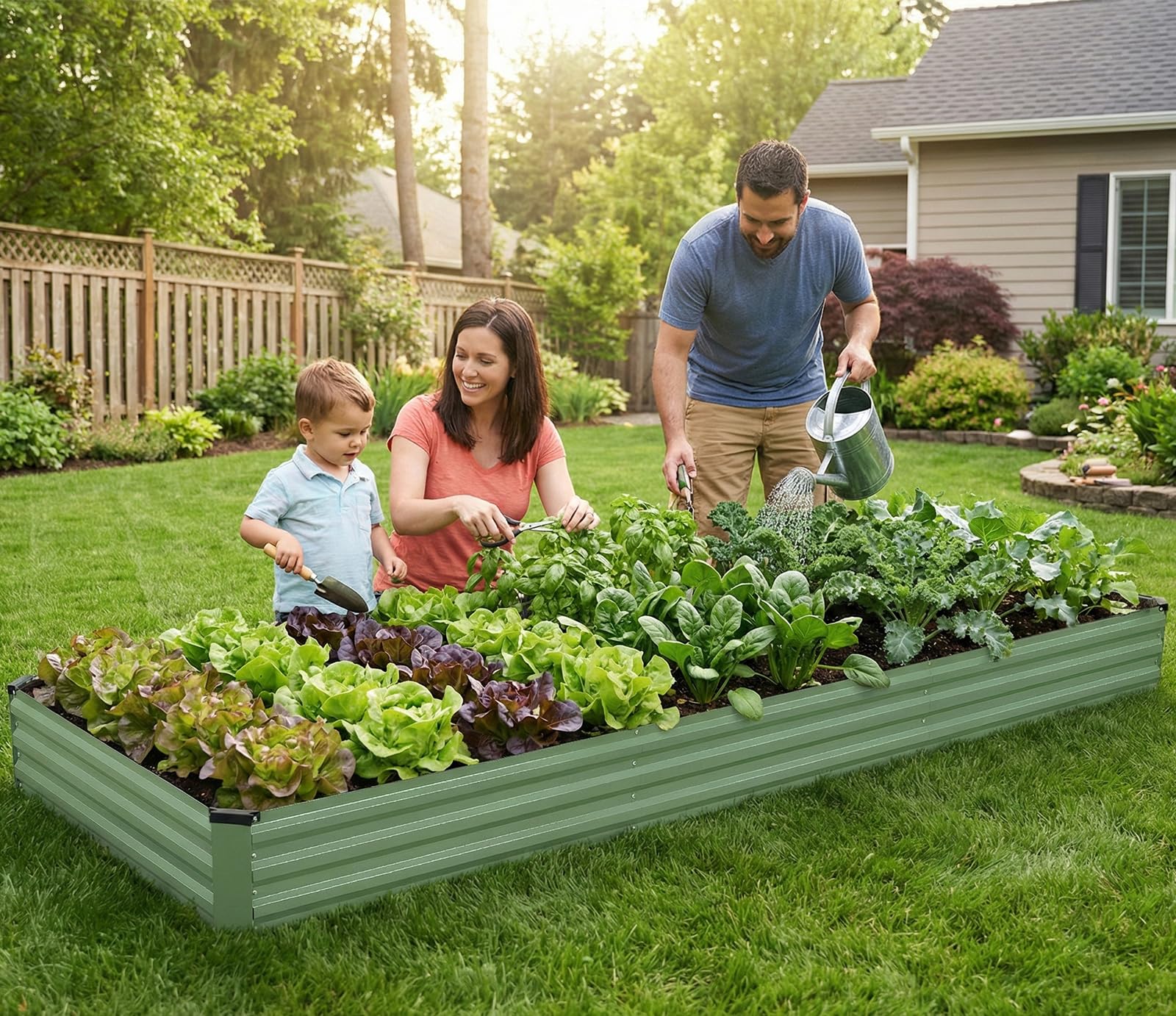 INNO STAGE Kit per aiuola rialzata da giardino zincata, 3,7 x 1,2 x 0,3 m, in metallo, rialzata in acciaio, con guanti, per verdure e fiori, fioriera da terrazzo (verde oliva, 1 pezzo)