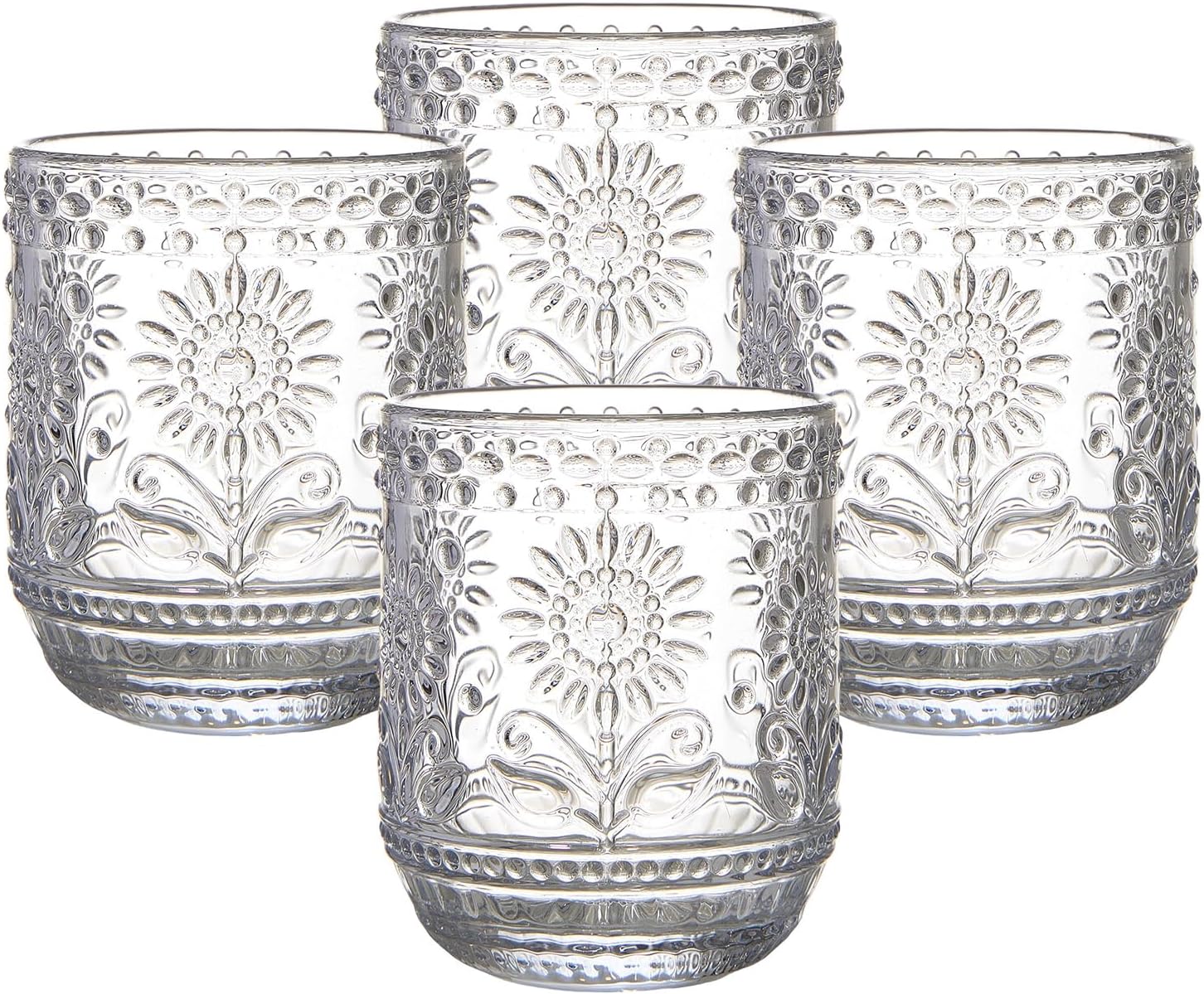 4 Pack 12 Oz Vintage Glassware Drinking Glasses Set, Embossed Floral Decorative Glassware Set for Whiskey, Beer, Juice, Wine（Transparent）