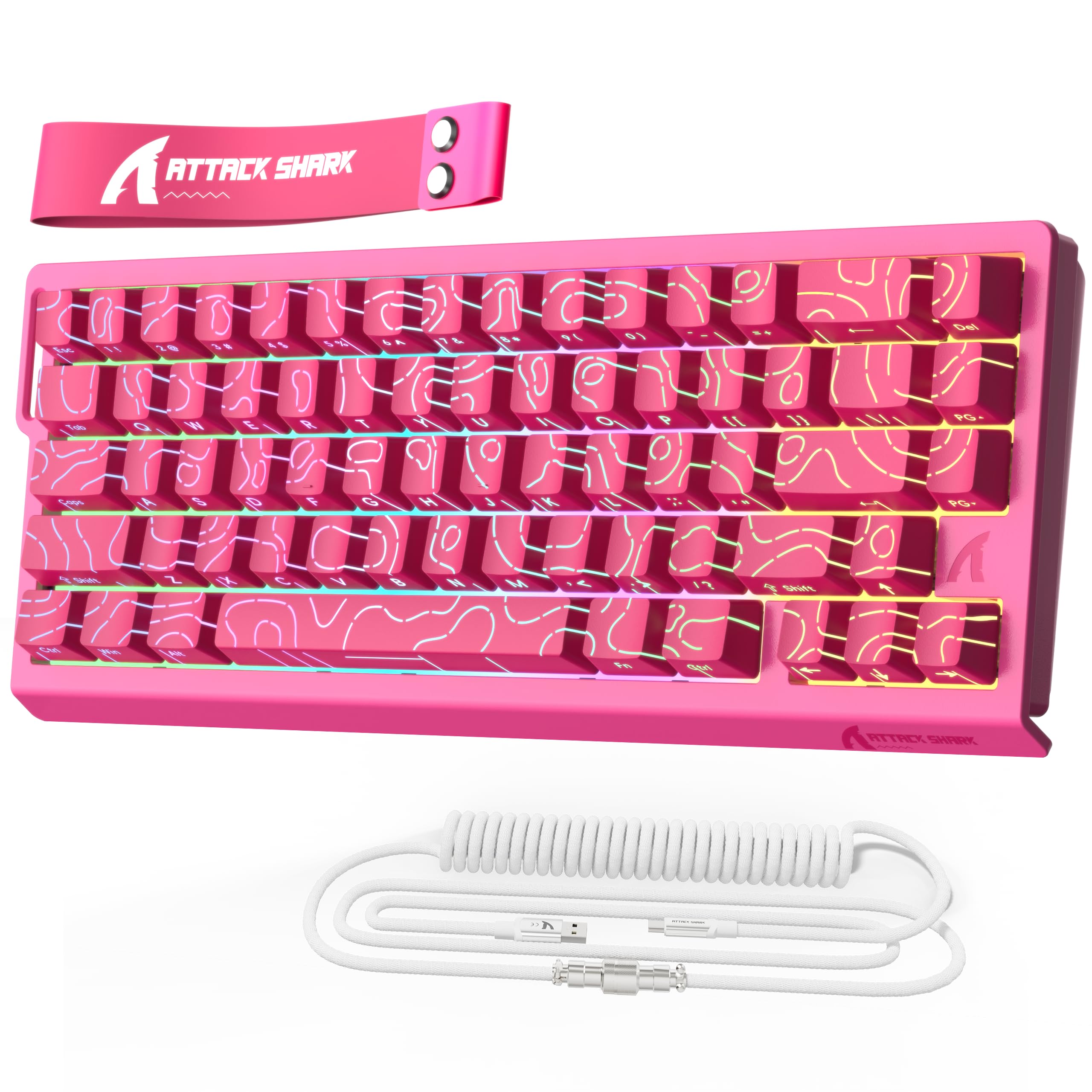 MAMBASNAKE x Attack Shark X68HE Teclado con Interruptor magnético de gatillo rápido, accionamiento Ajustable de 0,01 mm, con Cable en Espiral, 8000 Hz, RGB, Teclas PBT,SOCD (Rosa)
