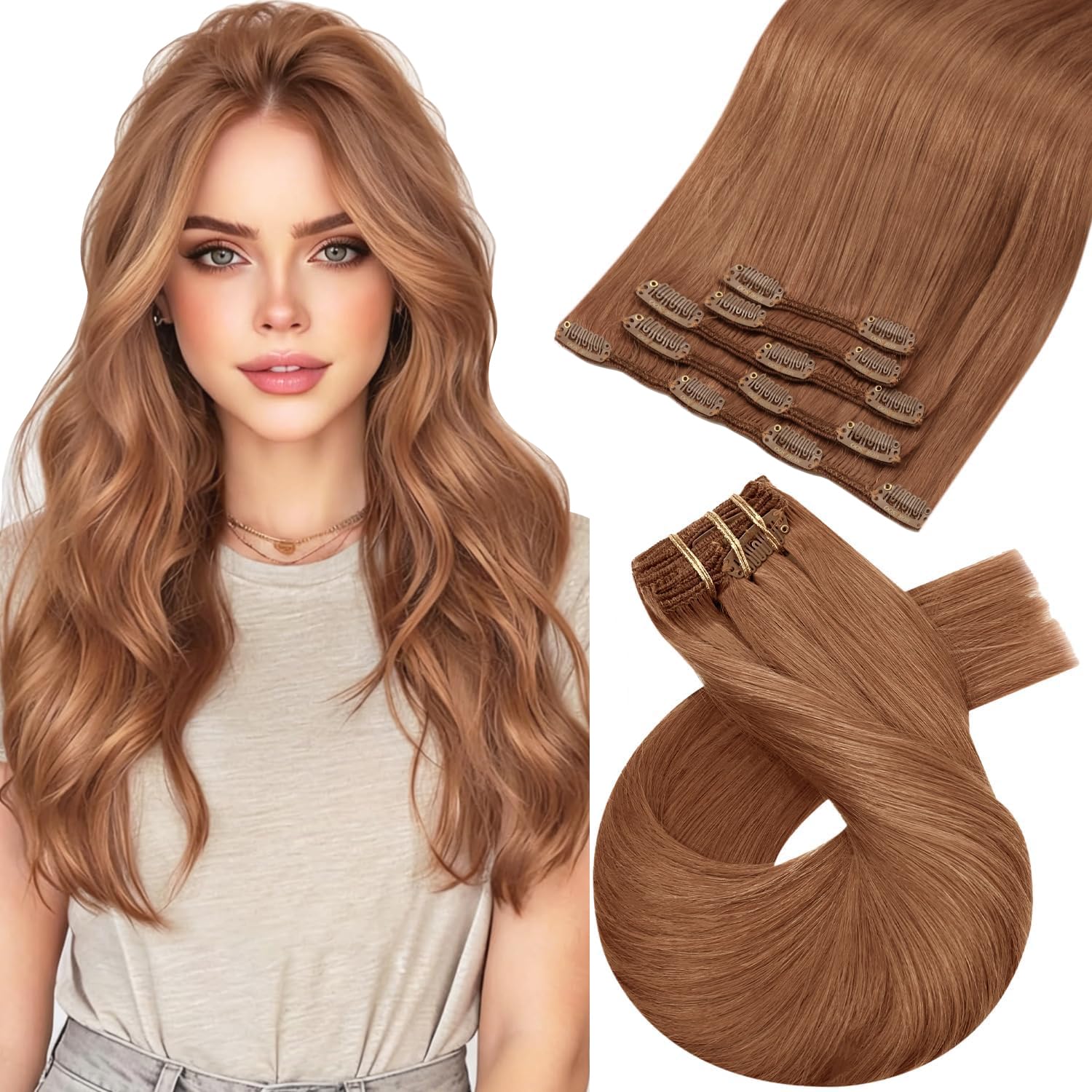 Moresoo Human Hair Extensions Clip in Real Hair Ash Blonde with Bleached Blonde Clip in Hair Extensions Remy Human Mid-length Hair Layered Add Volume 14 Inch 5pcs/80g #P18/613 — view 48