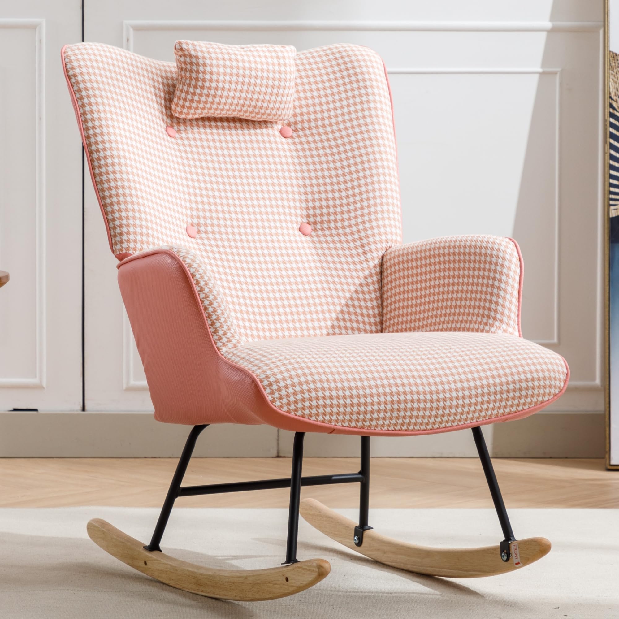 SPOFLYINN 35.5” Nursery Rocking Chair Cotton Linen Upholstered Glider Chair with High Backrest Armchair for Living Room Bedroom Pink