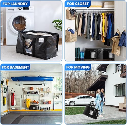 Miniatura 9 de TAILI - Bolsas de mudanza extra grandes, paquete de 4 bolsas negras resistentes para almacenamiento con ventana visible, asas envolventes,