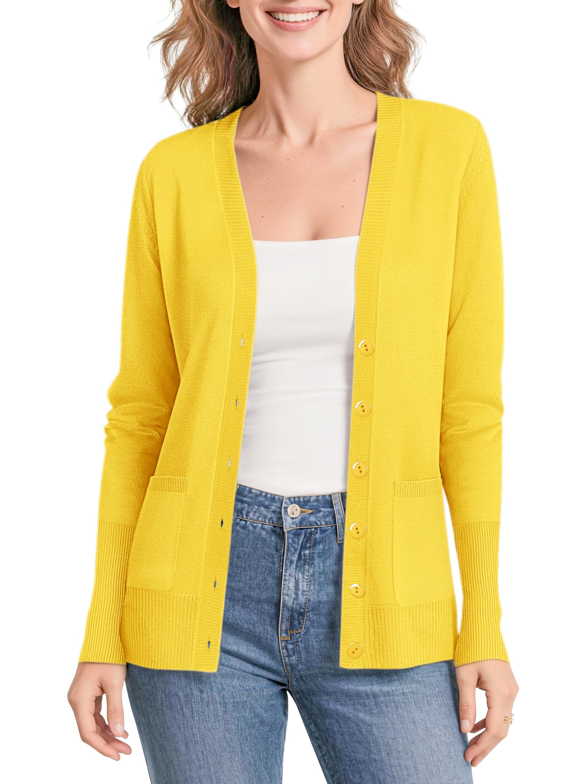 Urban CoCo Women's Lightweight Long Sleeve Cardigan Sweaters V-Neck Button Down Knit Sweater with Pockets