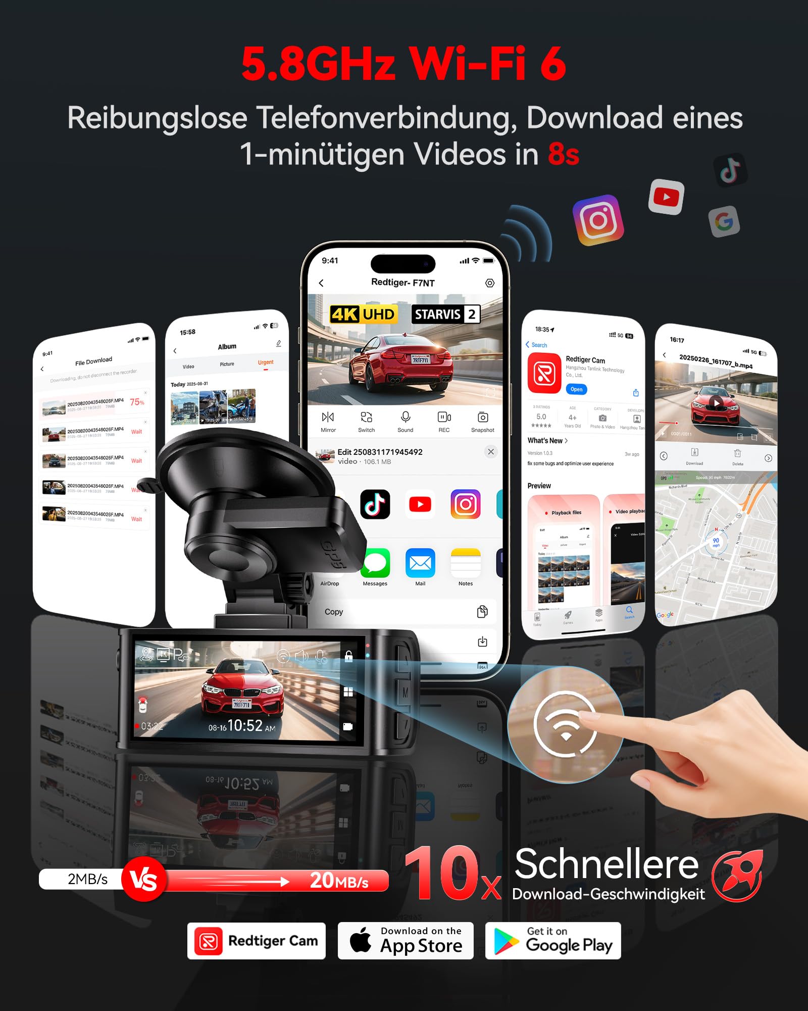 REDTIGER 4K STARVIS 2 Dashcam Auto Vorne Hinten Touchscreen 3.18 Zoll Sprachsteuerung WiFi 6 GPS 2160P UHD Nachtsicht Parkmonitor F7N Touch