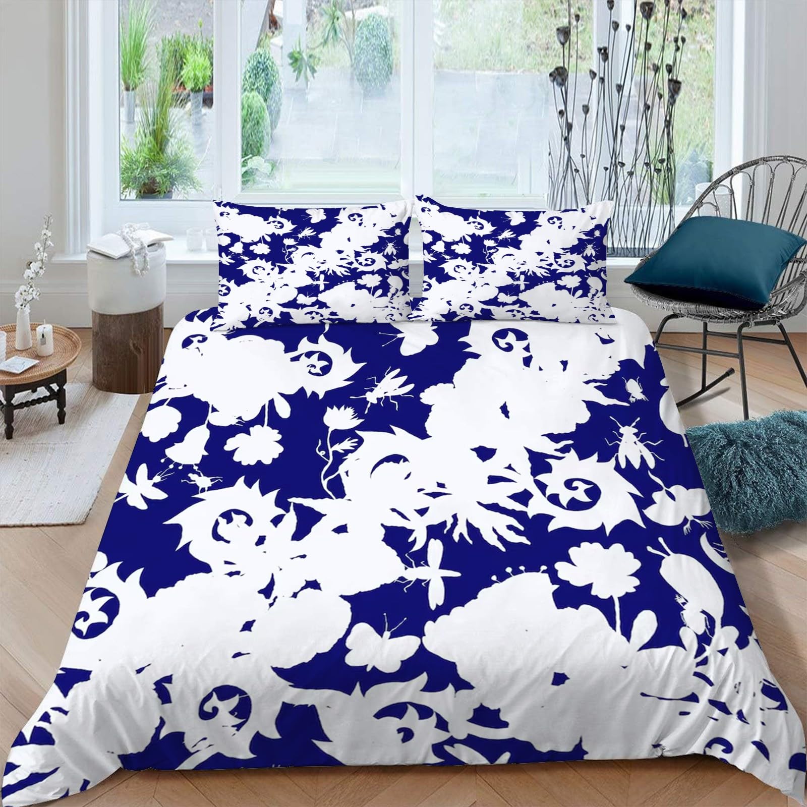 Housse de couette 200x200 cm bleue et blanche avec ses 2 taies d'oreiller