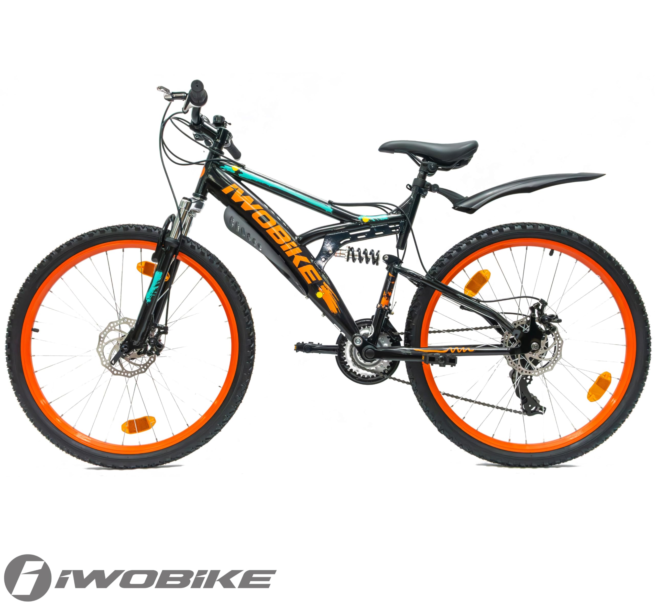 Rower Górski MTB, 26 Cali, Uniseks, 21 Biegów, Rama Stalowa 17,5" | Rower Górski MTB, 26 Cali, Uniseks, 21 Biegów, Rama Stalowa 17,5", Full Amortyzacja, Hamulce Tarczowe, Czarny z Pomarańczowym