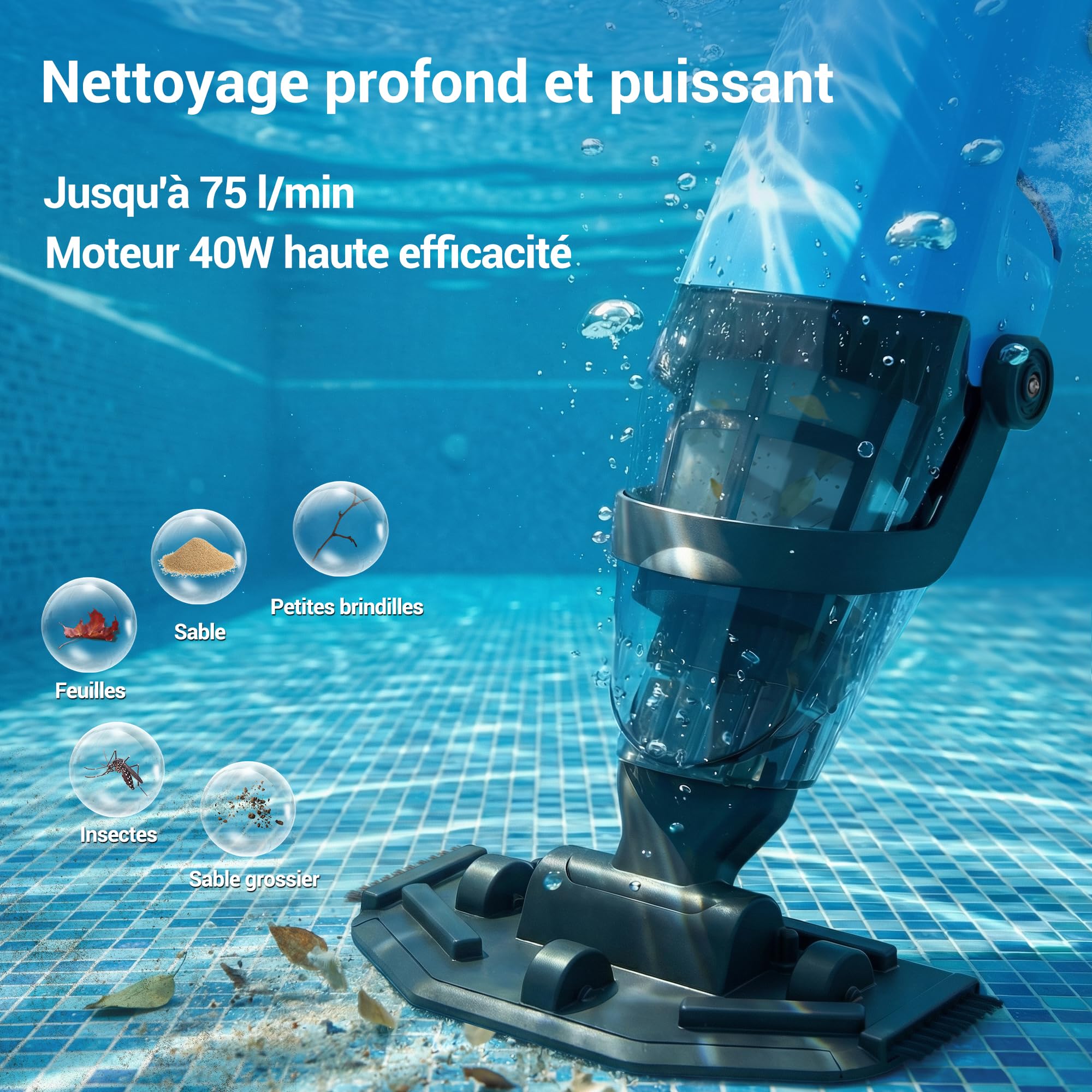 Aspirateur manuel pour piscine sans fil pour piscines hors sol et jacuzzis – Nettoyeur de piscine rechargeable avec 60 minutes d’autonomie, manche télescopique et filtre fin, pour spa, jacuzzi et - 3