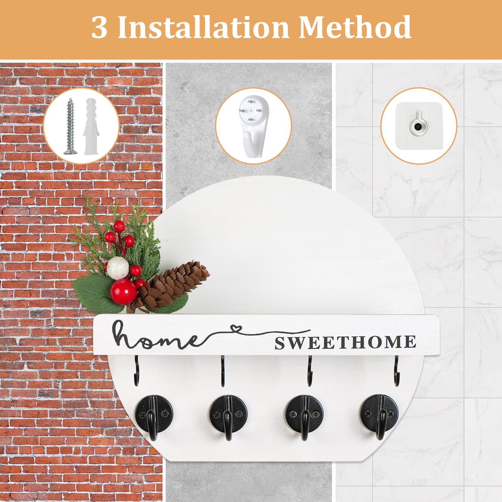 Porta Chiavi Da Muro Con Fiori Secchi Appendi Chiavi A Muro Legno Portachiavi Da Orbicolare Portachiavi Adatto Per Ingressi, Ripostigli, Corridoi, Cucine E Uffici. (Bianco e nero)