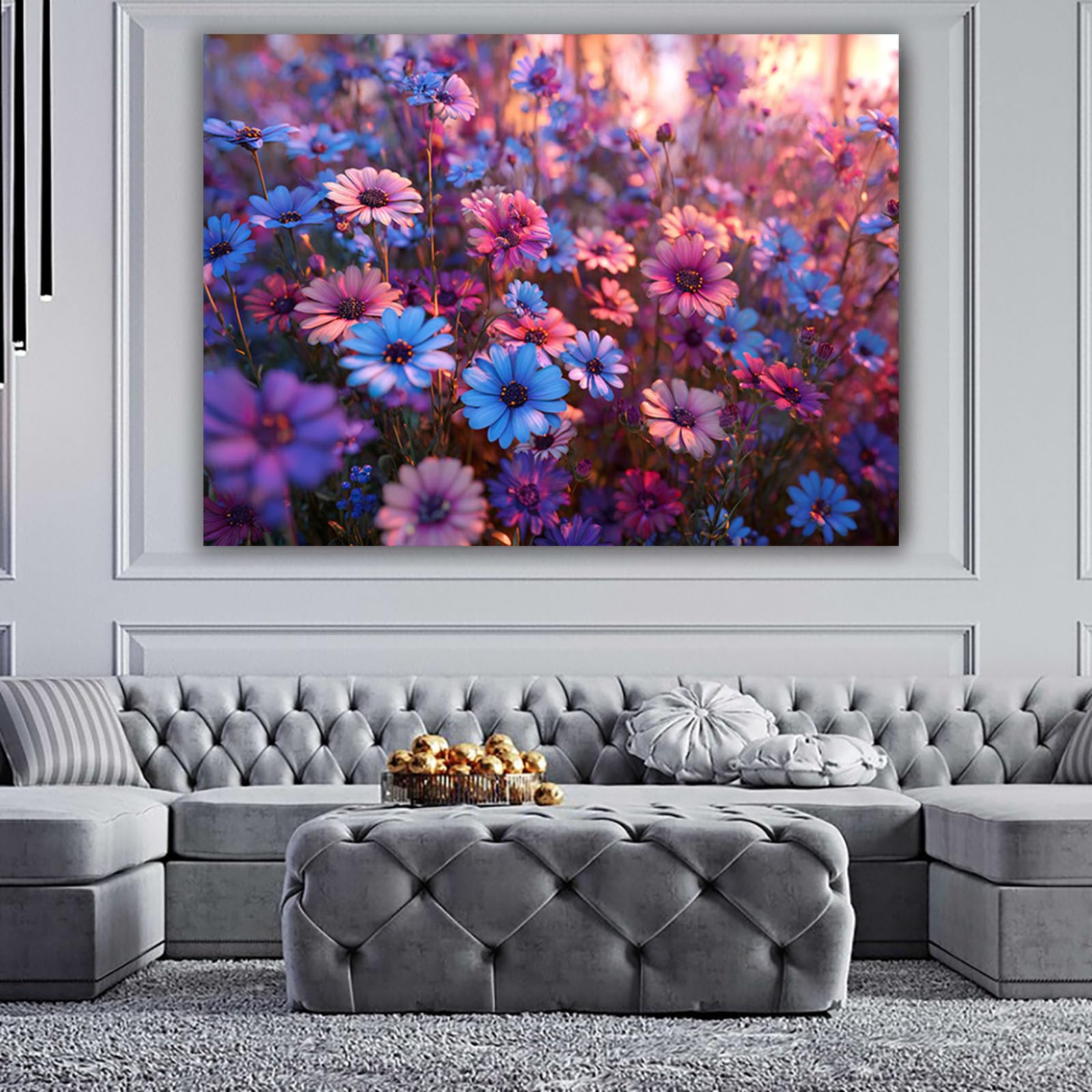 ZAMAEIU Nowoczesna zielona roślina plakat kolorowe pola kwiatowe do sypialni, biura, korytarza, wejścia (fioletowy)-80 x 120 cm w ramie