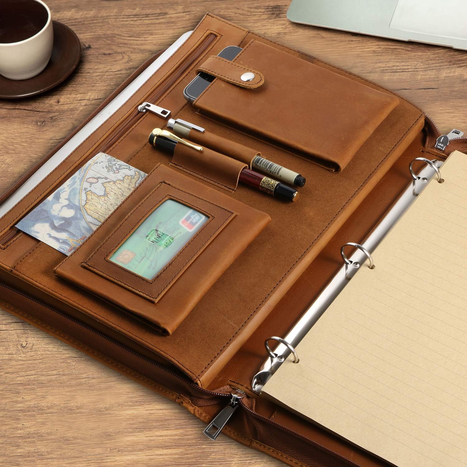 YIWEN Handmade Leather Portfolio 3 Ring Binder, Front Pocket, Padfolio for 13.3” Laptop, Letter Size Notepad Holder, Professional Business Travel Organizer (Brown, Crazy Horse Leather, Upgraded)