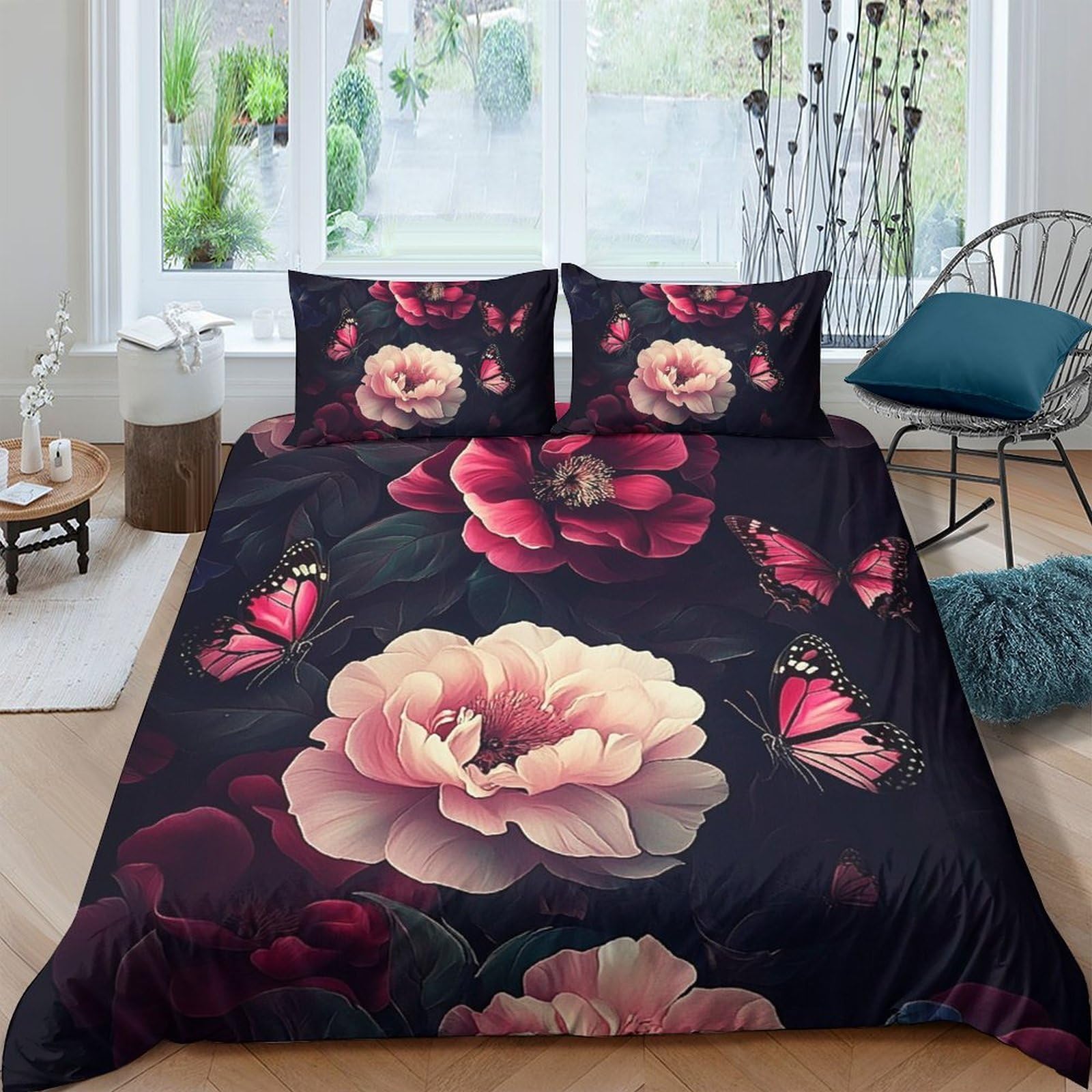 Ctjqhvkz Style-7 3D Printed Dark Floral Fitted Sheet Microfiber Soft Large Peony Butterfly Bed Cover For Bedroom Guest Room Mattress Protection Single（135X200cm）