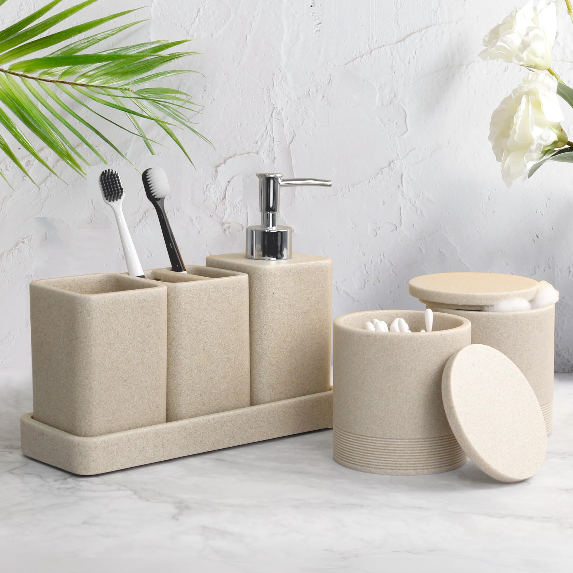YMXYJM Juego de accesorios de baño, juego de 6 piezas con soportes para cepillos de dientes, dispensador de jabón, bandeja de tocador, vaso, tarros de hisopo de algodón, organizador de baño, juegos de