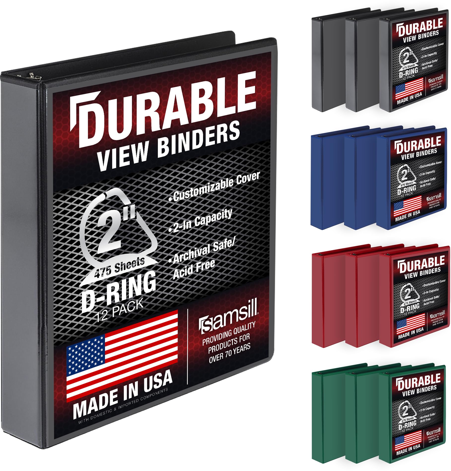Samsill Durable 3 Ring Binder Made in The USA, 2-Inch D Ring Binder, Holds 350 Sheets, Customizable Clear View Cover, Basic Assortment, 12 Pack (MP126468)