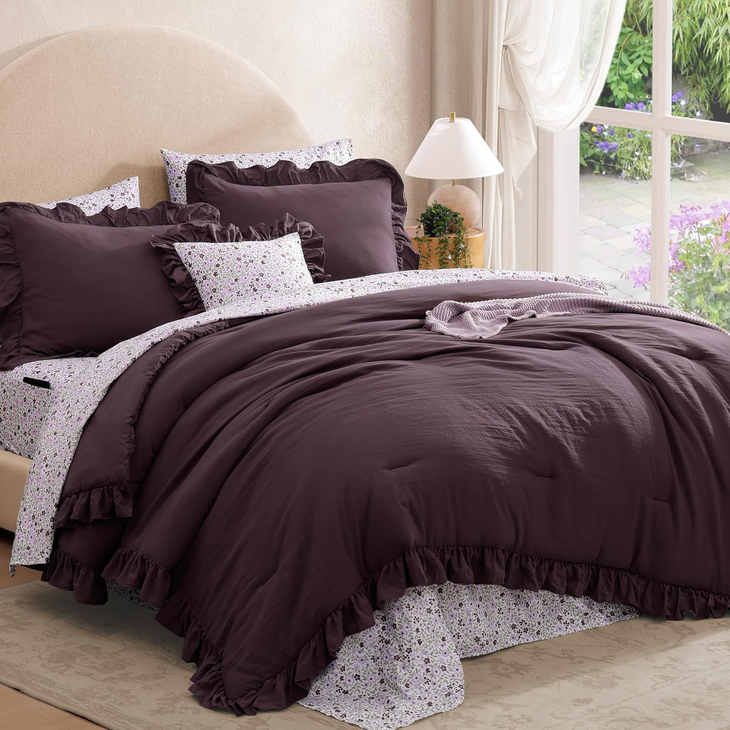 BLOOMHAVEN Full Comforter Set - 7 Pieces Ruffle Purple Bedding Sets, Shabby Chic Farmhouse Bed in a Bag Full with Ruffle Comforter, Floral Sheets, Pillowcases & Shams