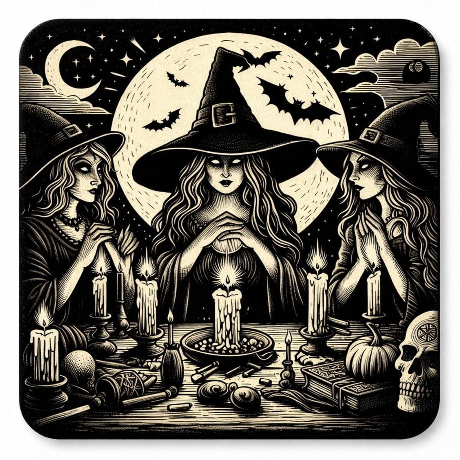 Half a Donkey Full Moon Witch Gathering Cork backed Coaster