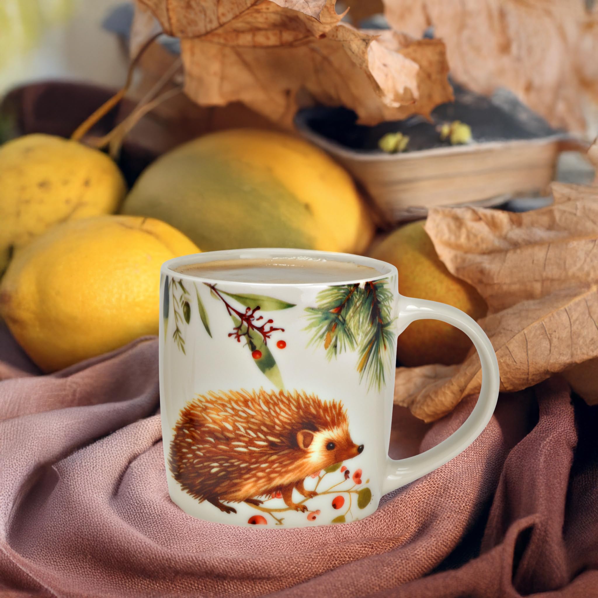 Lot de 6 tasses à thé d'automne, renard et hérisson, 350 ml, en porcelaine, passent au lave-vaisselle et au micro-ondes