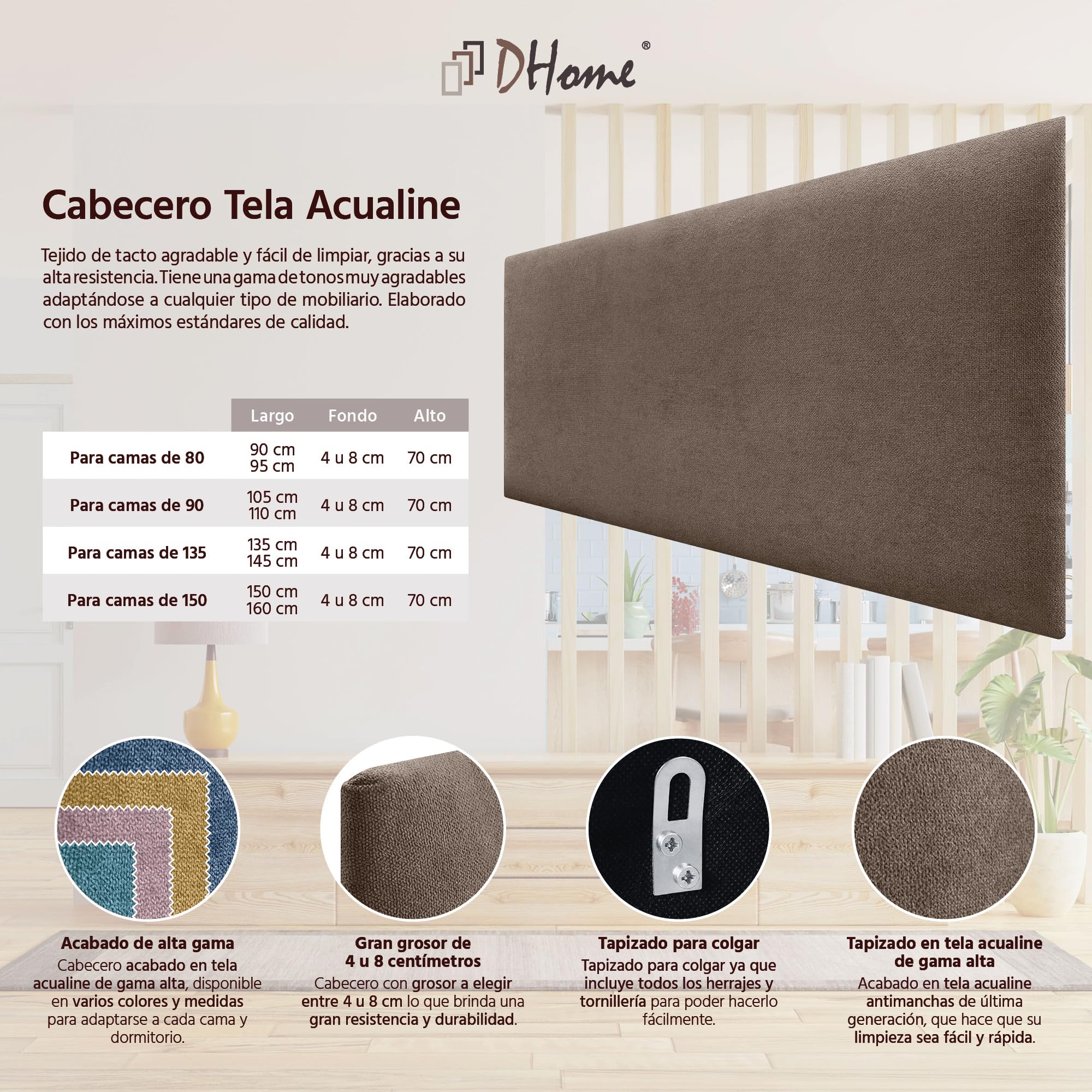 DHOME Tête de Lit Capitonnée Unie en Tissu Aqualine Hauteur 70CM Épaisseur 4cm et 8cm pour Mur Acoustique Têtes de Lit Absorbantes Chambre Lit (Marron, 160cm, Épaisseur 8cm)