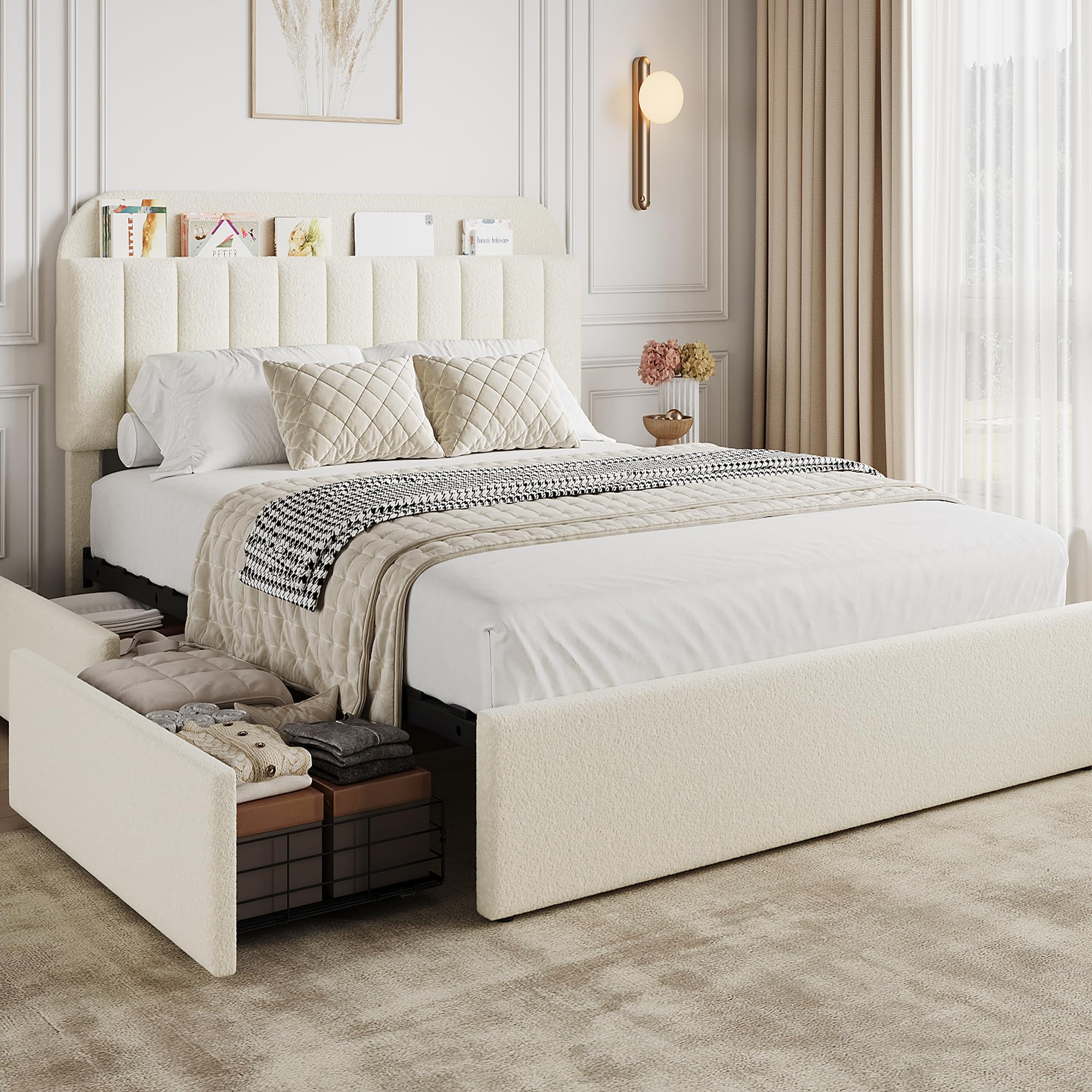 Photo 1 of GarveeHome Full Bed Frame with Storage Headboard, Kids Bed Frame with 2 Drawers, Boucle Upholstered Platform Bed with Bookcase, No Box Spring Needed, Easy Assembly, Ivory White