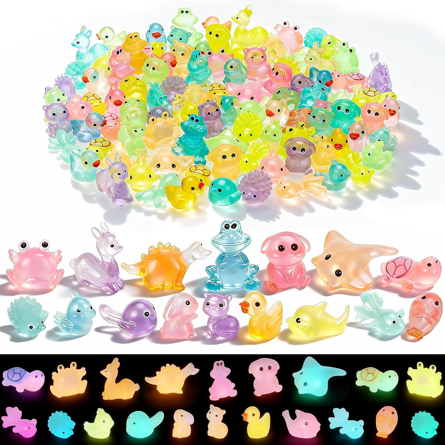 100 Pcs Mini Resin Animals Glow in The Dark Tiny Ducks to Hide, Luminous Small Animal Figurines Bulk for Aquarium Decorations, 16 Different Animals with a Storage Box, Fairy Garden Accessories