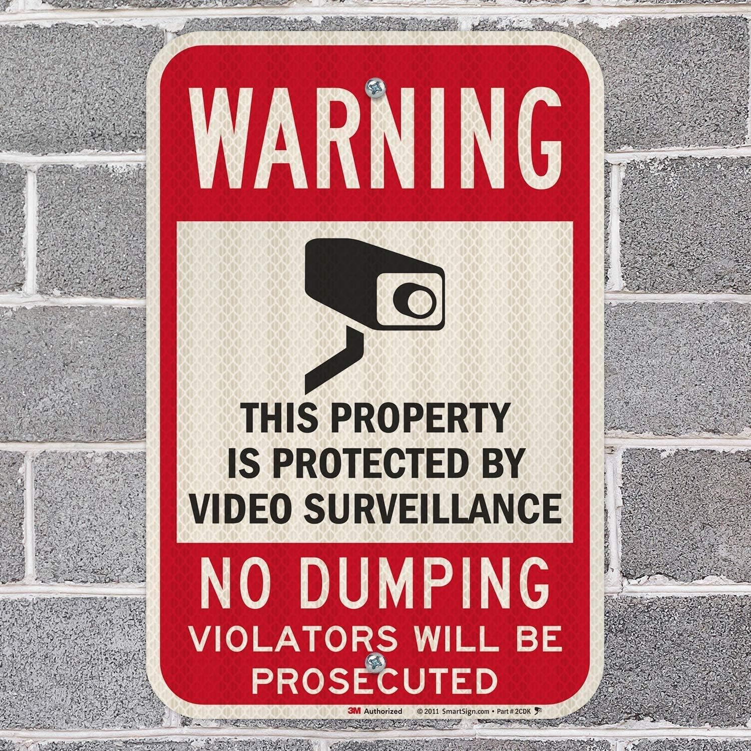 SmartSign-K-7484-HI Warning - Property Protected By Video Surveillance, No Dumping Sign By | 12" x 18" 3M High Intensity Grade Reflective Aluminum , Black/Red on White