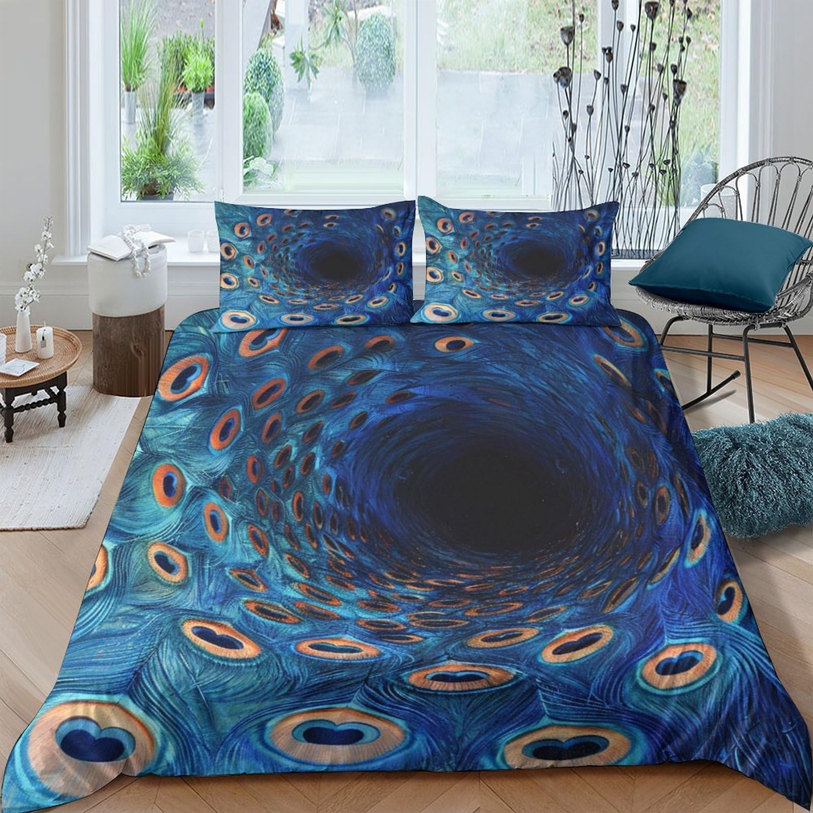 Ctjqhvkz Style-8 3D Printed Peacock Feather Fitted Sheet Microfiber Soft Blue Artistic Mattress Cover Bedroom Protection Decor Single（135X200cm）
