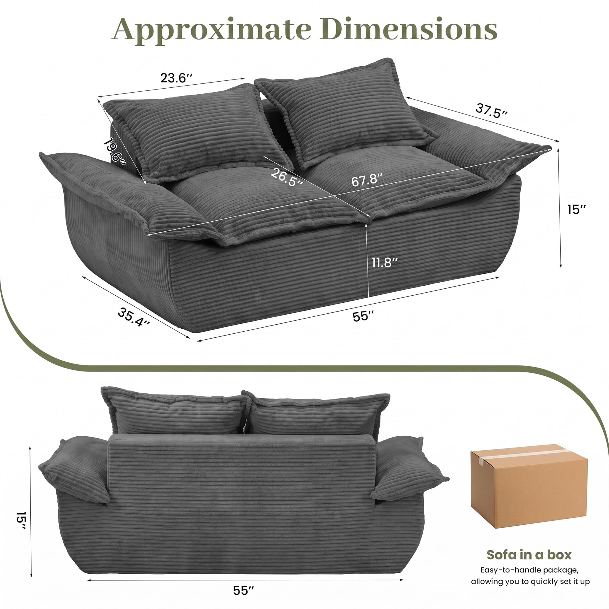 55" Convertible Corduroy Sofa Bed, Boneless Foldable Loveseat Sleeper Couch, Compressed Foam Floor Sofa with Removable Cushions & Pillows for Small Space Living Room