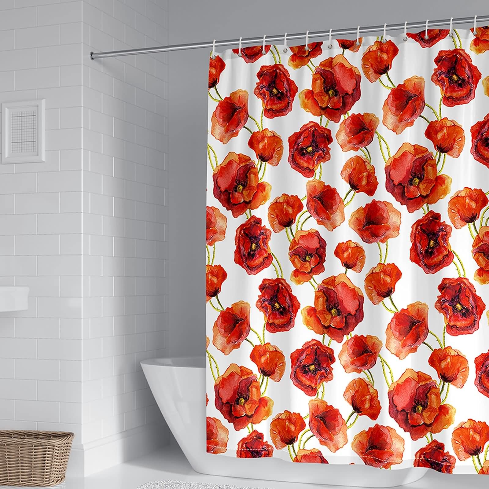 Rideau de douche anti moisissure fleurs orange rouge polyester 165x200