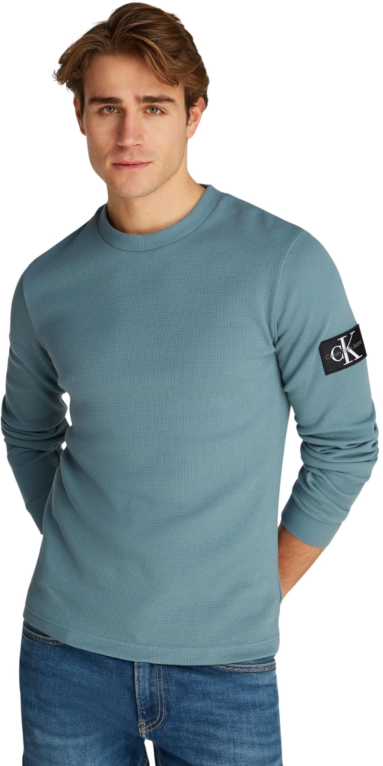 Calvin Klein Men’s Badge Cotton Waffle Long Sleeve Top, Turquoise (Trooper), XXS