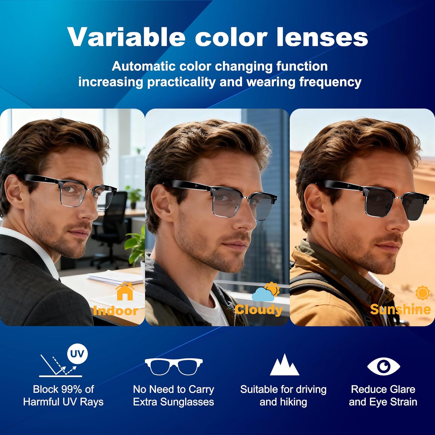 AI Smart Glasses for Women and Men, Bluetooth Sunglasses with Chat GPT and 164 Languages , Translation Glasses with Color-Change Lens, Music Playback & Hands-Free Calls, UV & Blue Light Protection