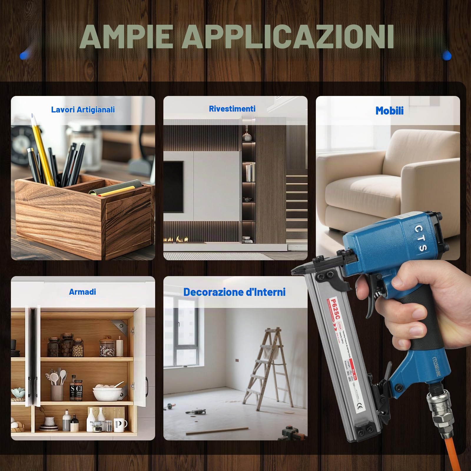 P625C Chiodatrice pneumatica 23GA 12-25mm sicurezza per falegnameria-mobili | Punta snella e precisa. 0,9kg leggera. Caricatore 150 chiodi. Impugnatura gommata. Per armadi, finestre, porte e decorazioni