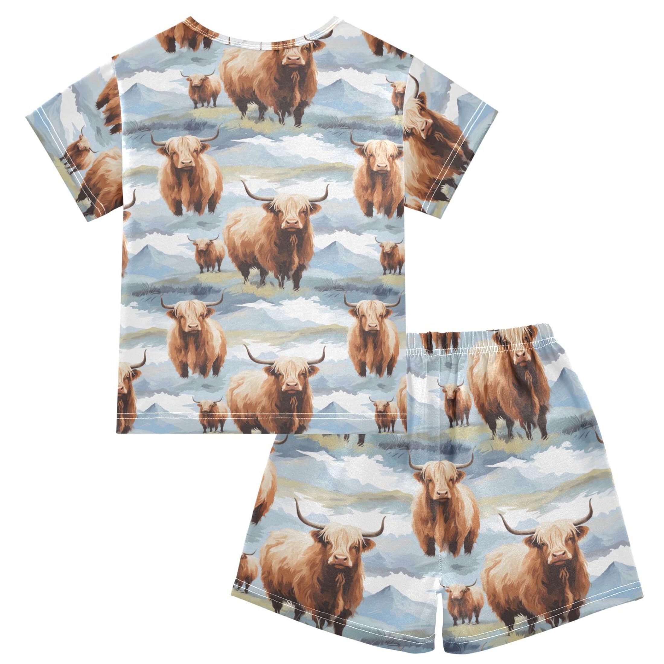 UMIRIKO Highland Cow Animal Short Sleeve Pajamas Set Sleepwear PJs Nightwear B0403010