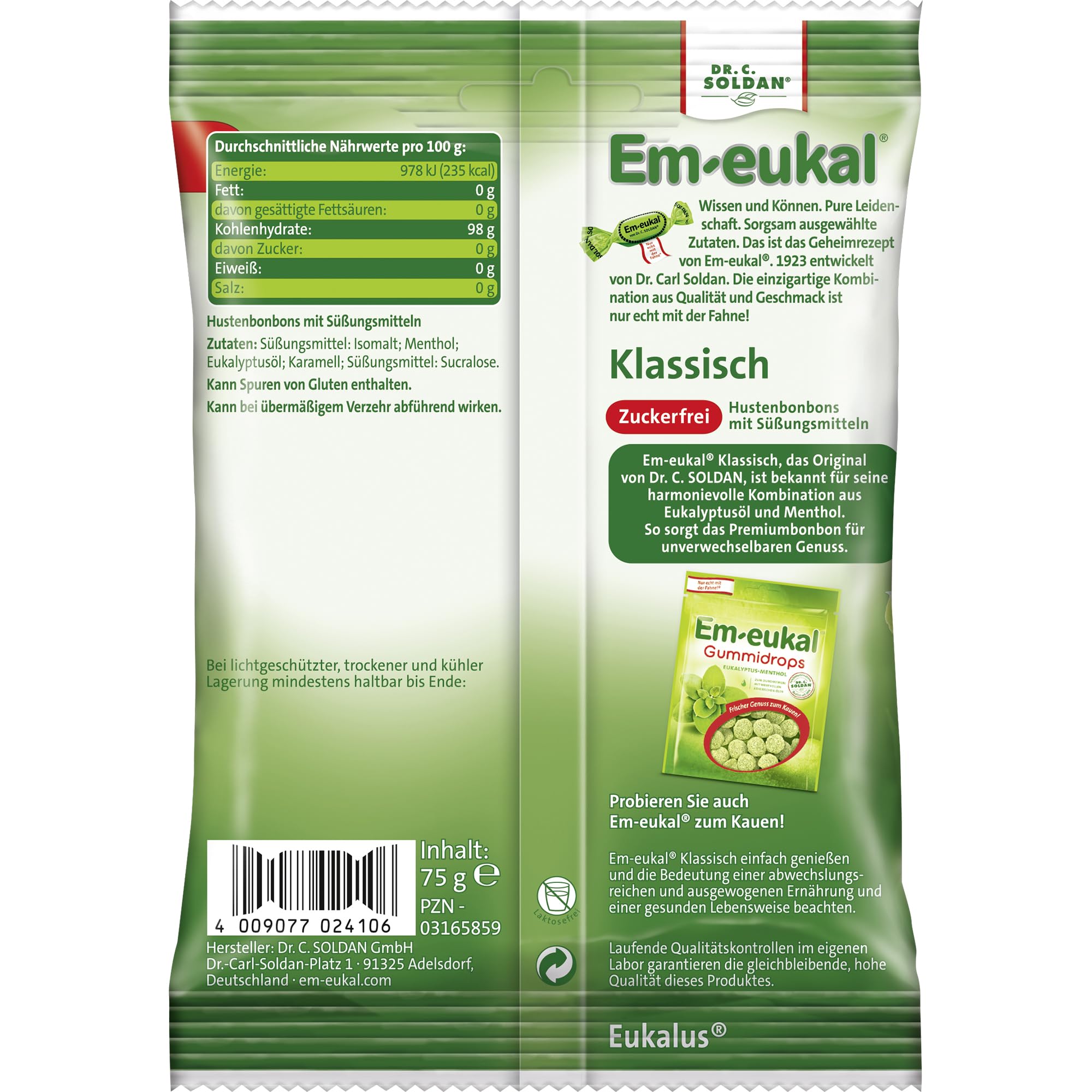 Em-eukal Hustenbonbon Klassisch, Zuckerfrei & laktosefrei, Lutschbonbons mit Eukalyptusöl & Menthol, Ohne Zucker – Großpackung 20x75g