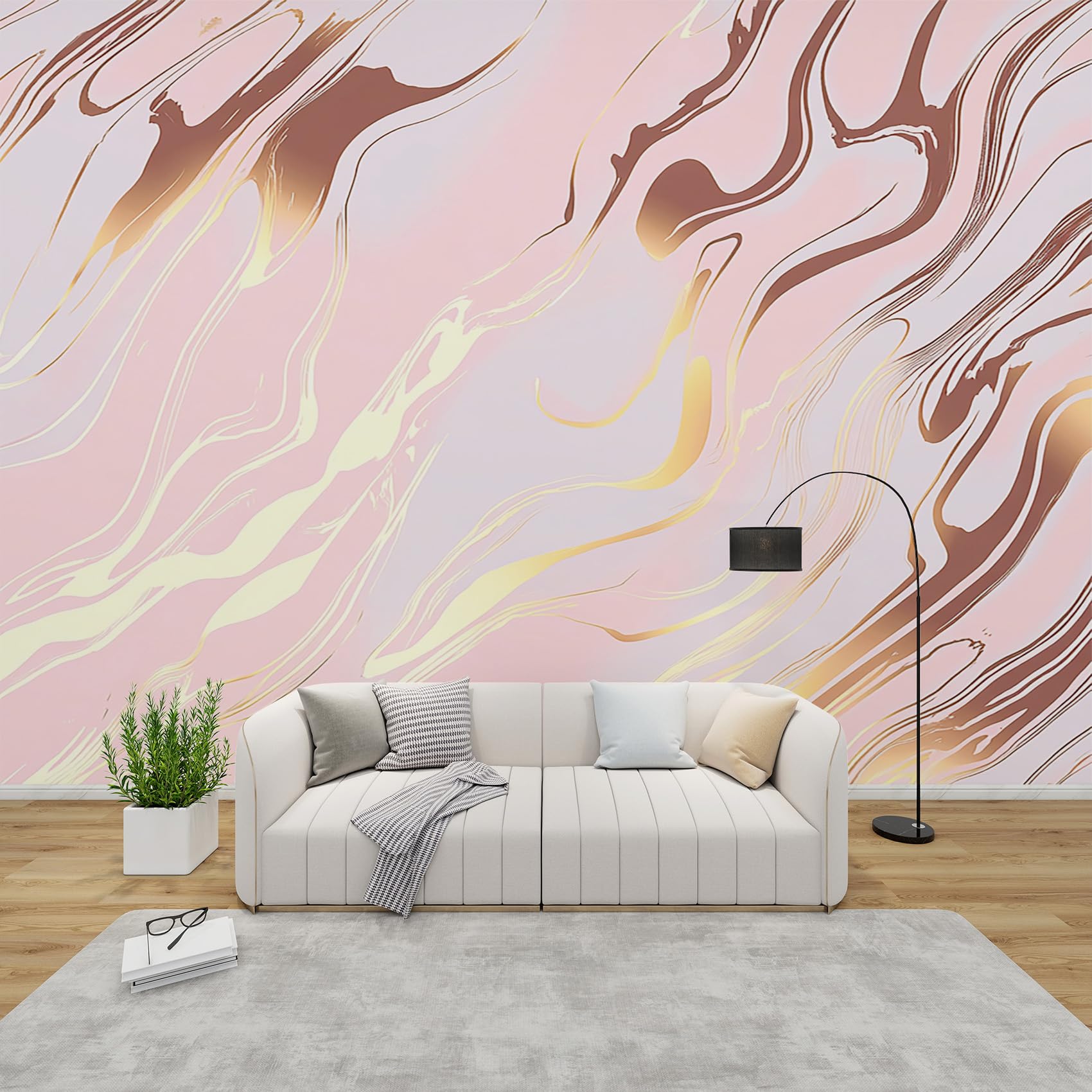 QEODAH Marble Mural Wallpaper for Living Room, Girls Pink and Gold Wall Art for Bedroom, Modern Pastel Wall Murals for Bedrooms, Renter Friendly Removable Waterproof Photo Wallpaper 3D, 300x210 cm