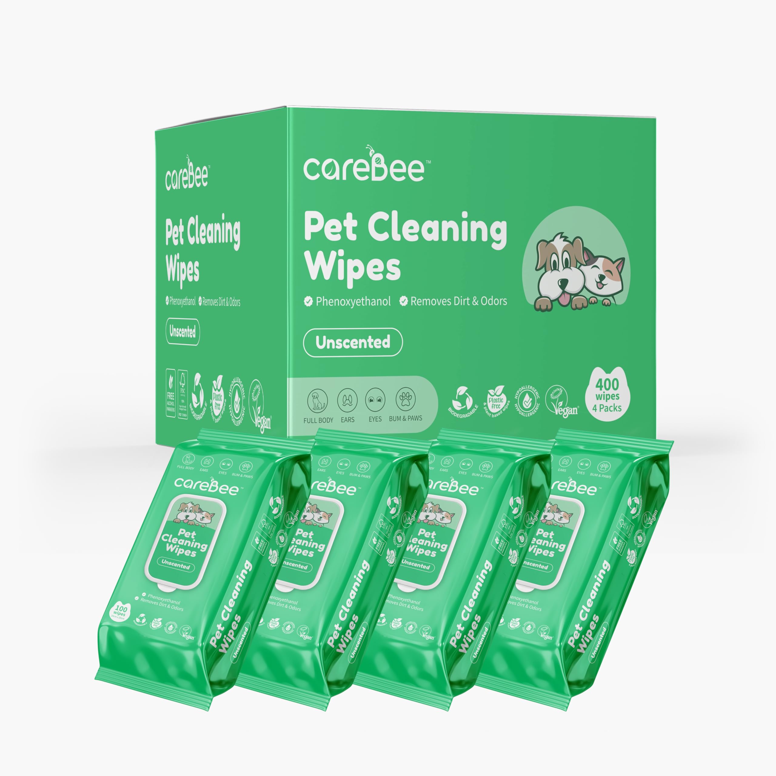 CareBee Pet Wipes for Dogs and Cats โ Hypoallergenic Dog Wipes, Unscented, Hydrating Textured Grooming Wipes for Paws, Body and Bums, 100 Count (Pack of 4)