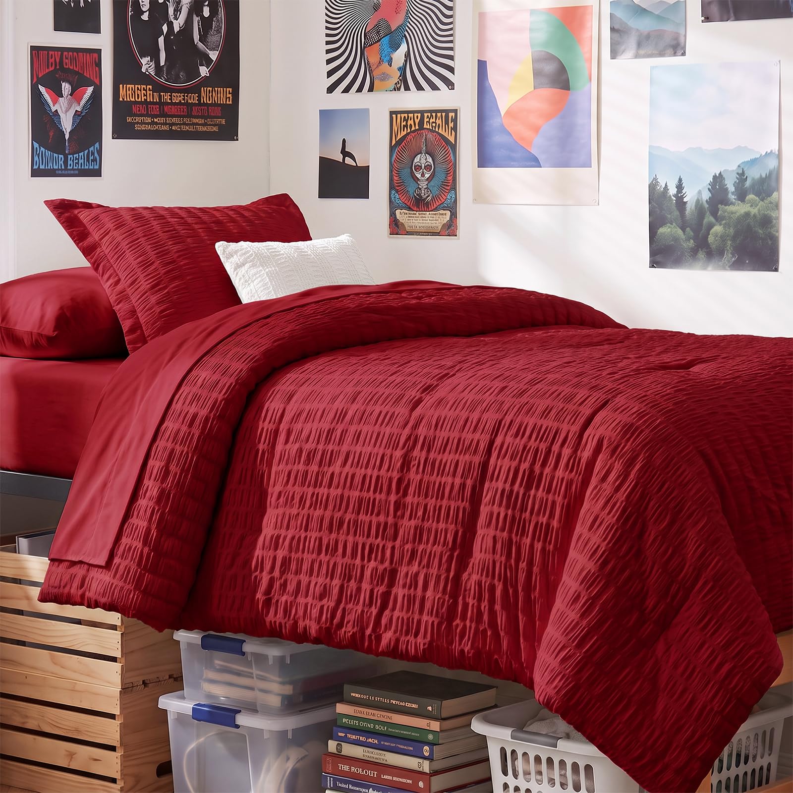 CozyLux Twin Comforter Set, 5 Pieces Dark Red Seersucker Bed in a Bag
