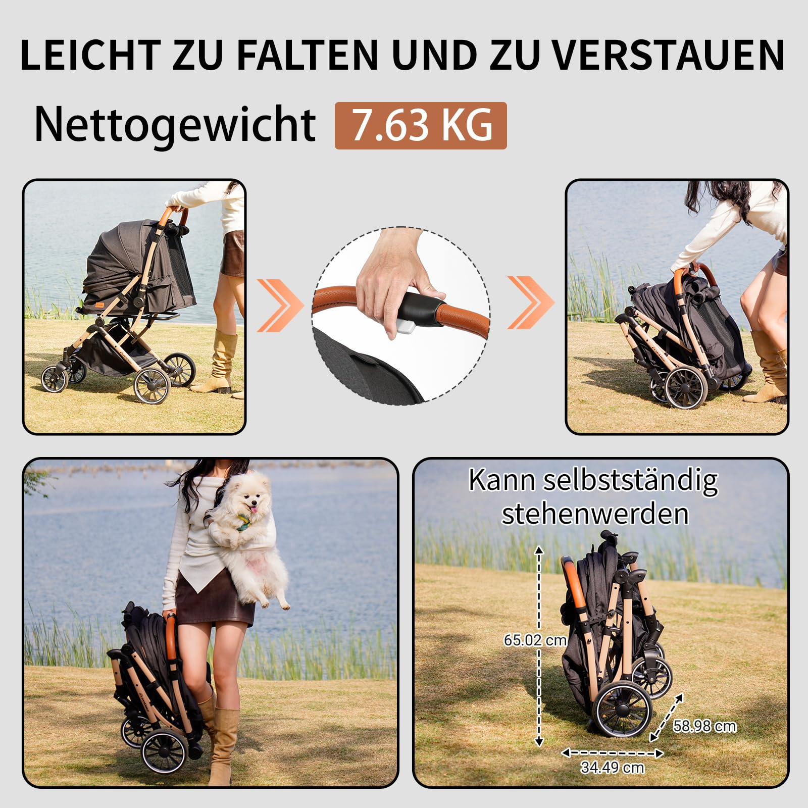 EchoSmile Ein-Knopf-Falt Hundewagen, Hundebuggy bis 20kg für kleine mittel Hunde & Katzen, Hunde Buggy & Katzenwagen mit Umkehrbarer Griff, Stoßdämpfung & Abnehmbares Waschbares Pad (Schwarz)