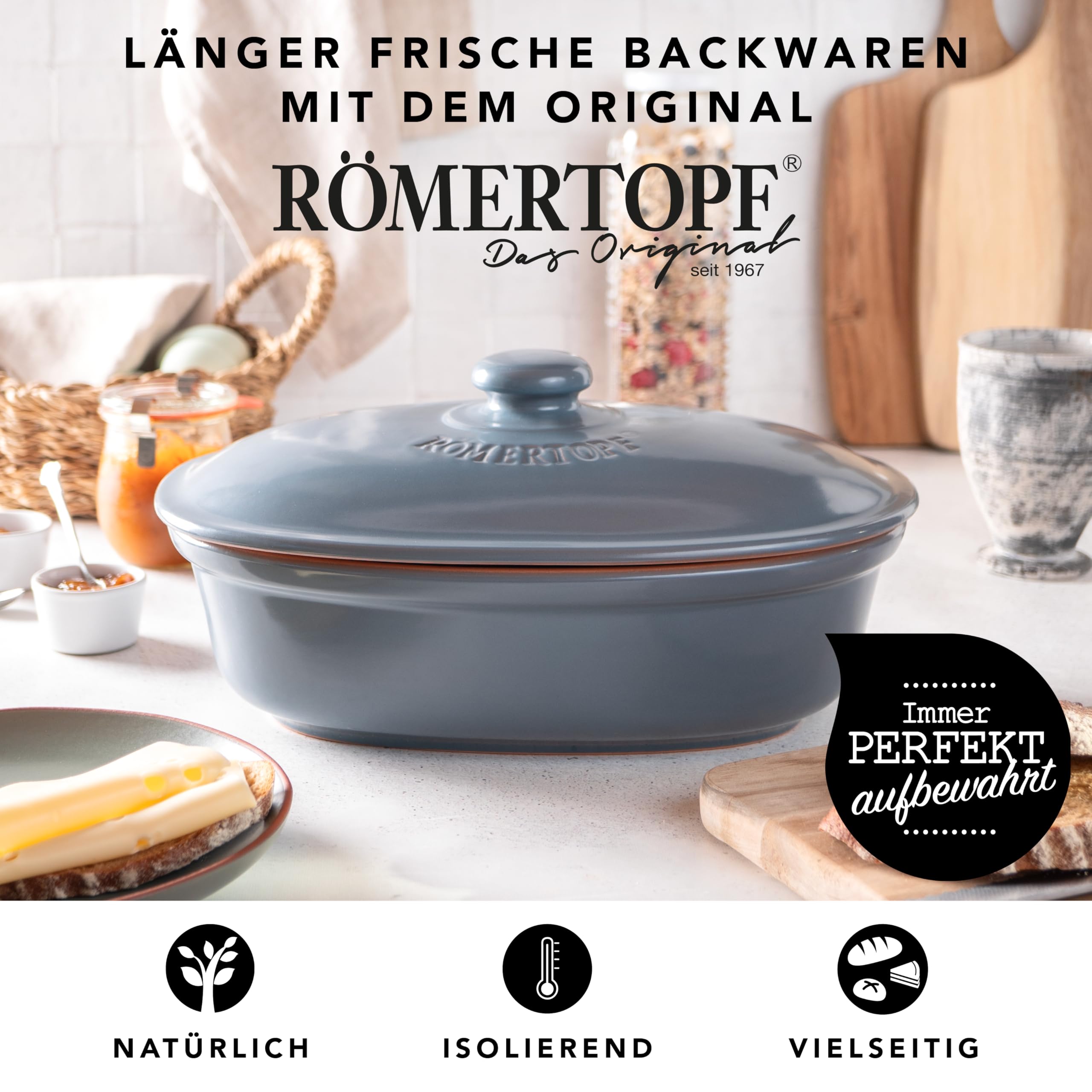 Römertopf Naturalny ceramiczny garnek do chleba, idealny do przechowywania chleba i ciastek 30x21x14,5 cm niebiesko-szary