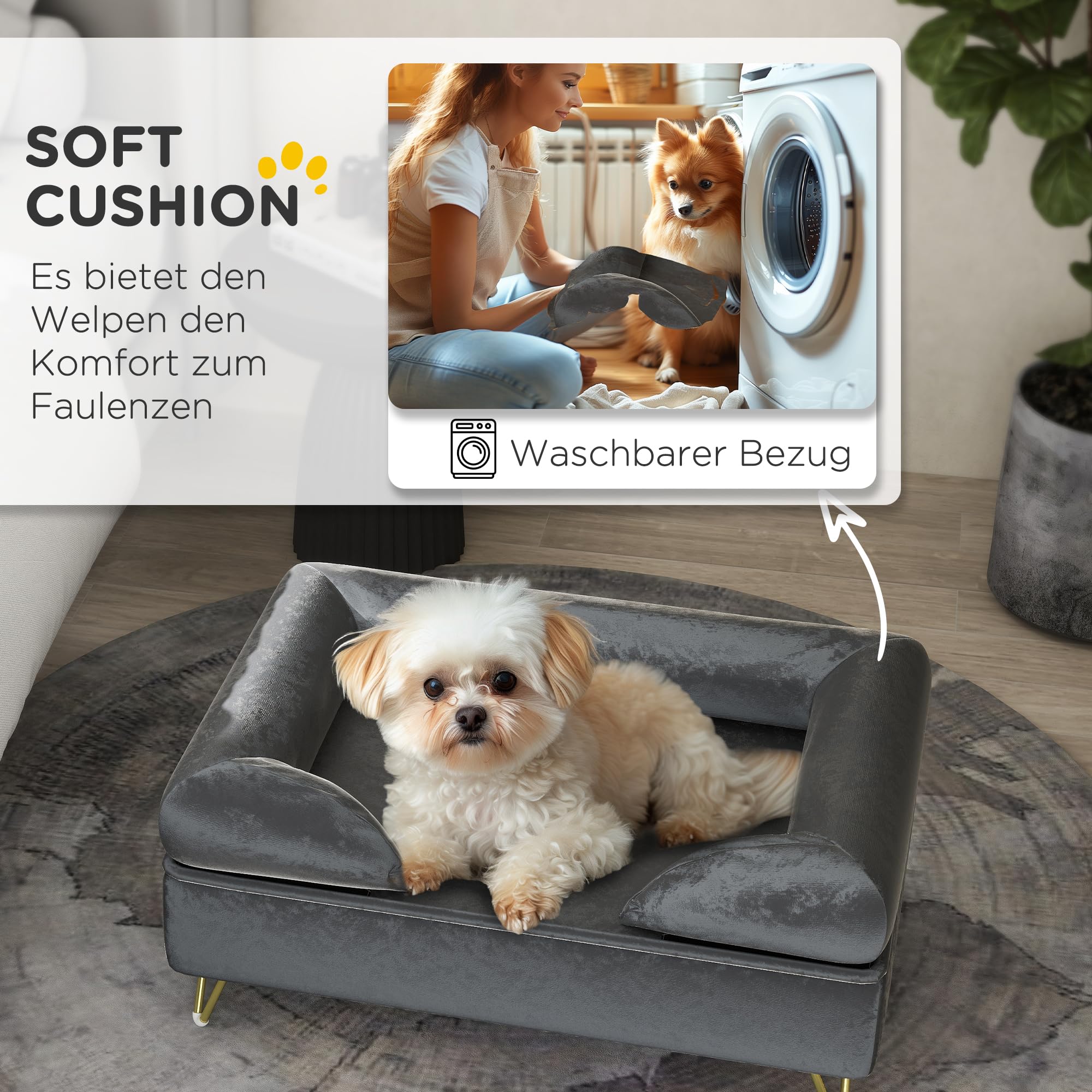 PawHut Hundesofa Hundecouch mit Kissen, Waschbarer Bezug, Haustiersofa mit Abnehmbare Rückenlehne und Metallbeine, Katzensofa für kleine und mittelgroße Hunde, Grau