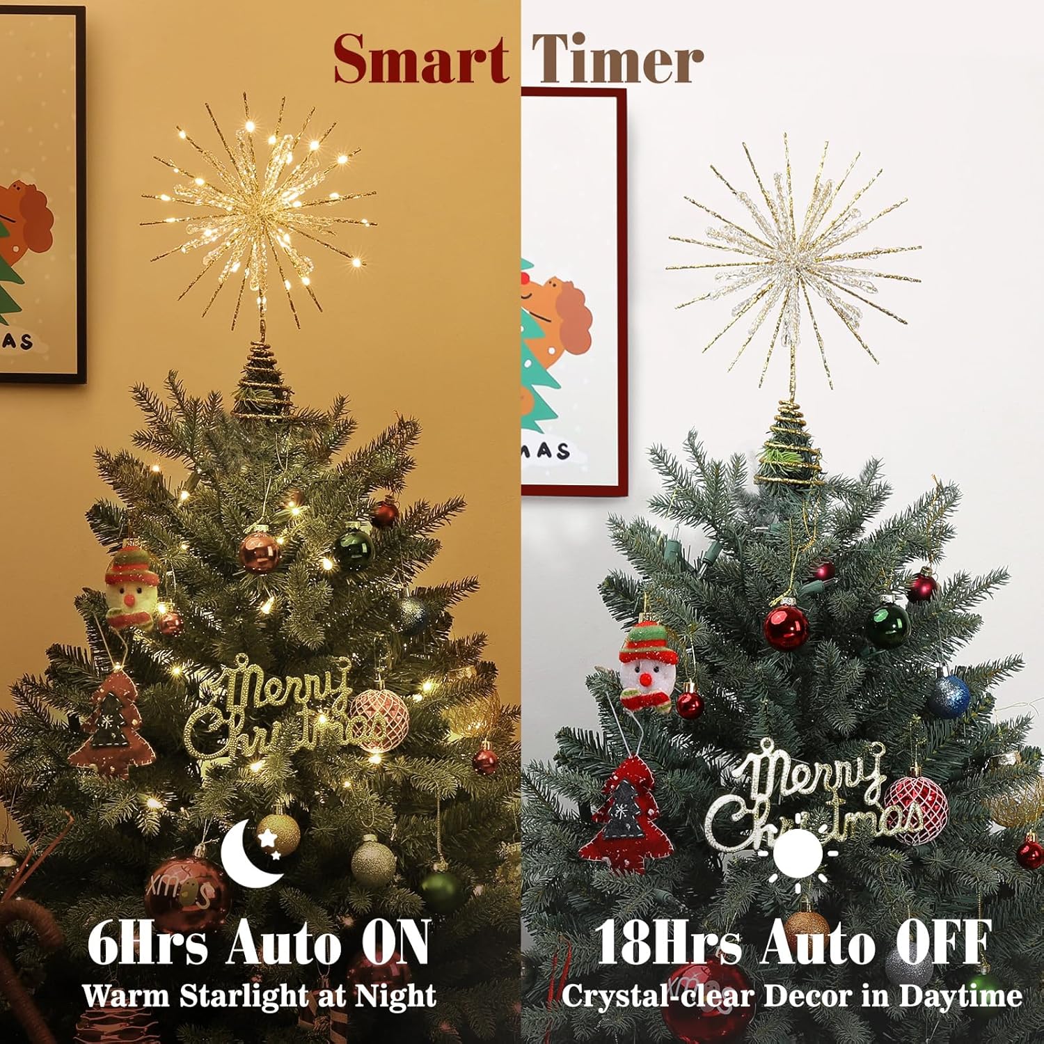 Lewondr Christmas Snowflake Tree Topper, 12.2 in 30 LED Xmas Tree Topper with Glittered Epoxy, Remote & USB Powered Snowflake Treetop, Xmas Home Decor for Party, 6H Timer & 8 Modes, Warm Light, Gold