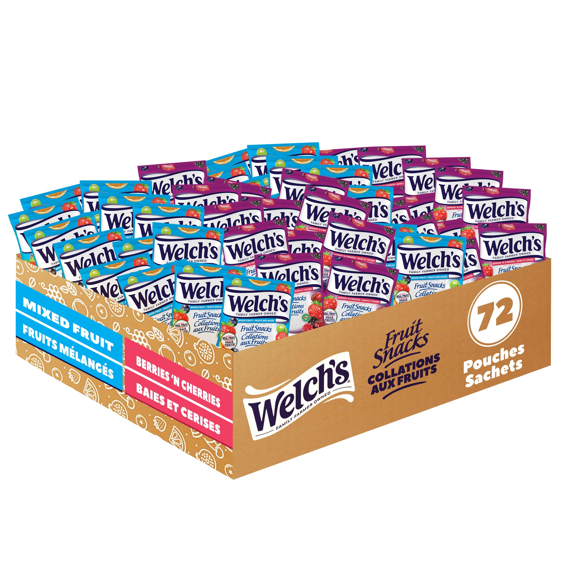 Welch's Fruit Snacks, Mixed Fruit & Berries 'N Cherries, Bulk Pack, Gluten Free, Individual Single Serve Bags, 22g (Pack of 72)