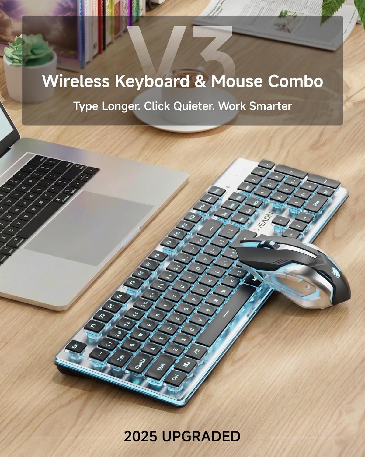 SEUNKWANG EWEADN V3 Wireless Keyboard and Mouse with Blue Backlit, Metal Panel, Bluetooth/2.4G Rechargeable Computer Keyboard and Mouse Combo Silent Lighted Full Size Cordless Keyboards-Black