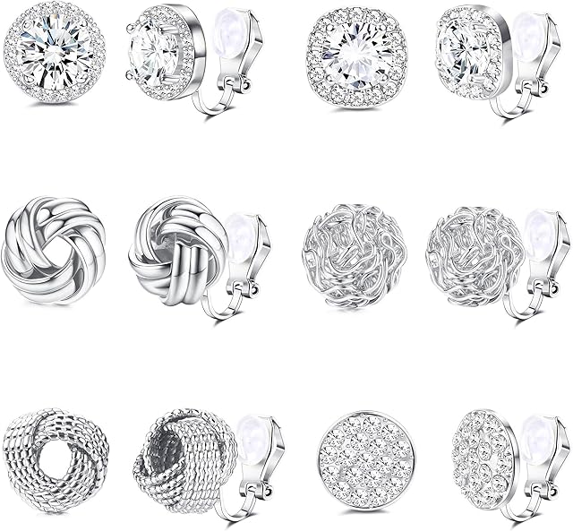 Morfetto 6 Pairs Clip On Earring For Women Knot-Shaped Hollow Ball Non Pierced Ear Clips Earring Round Square Cubic Zirconia Clip Earrings Jewelry Sets