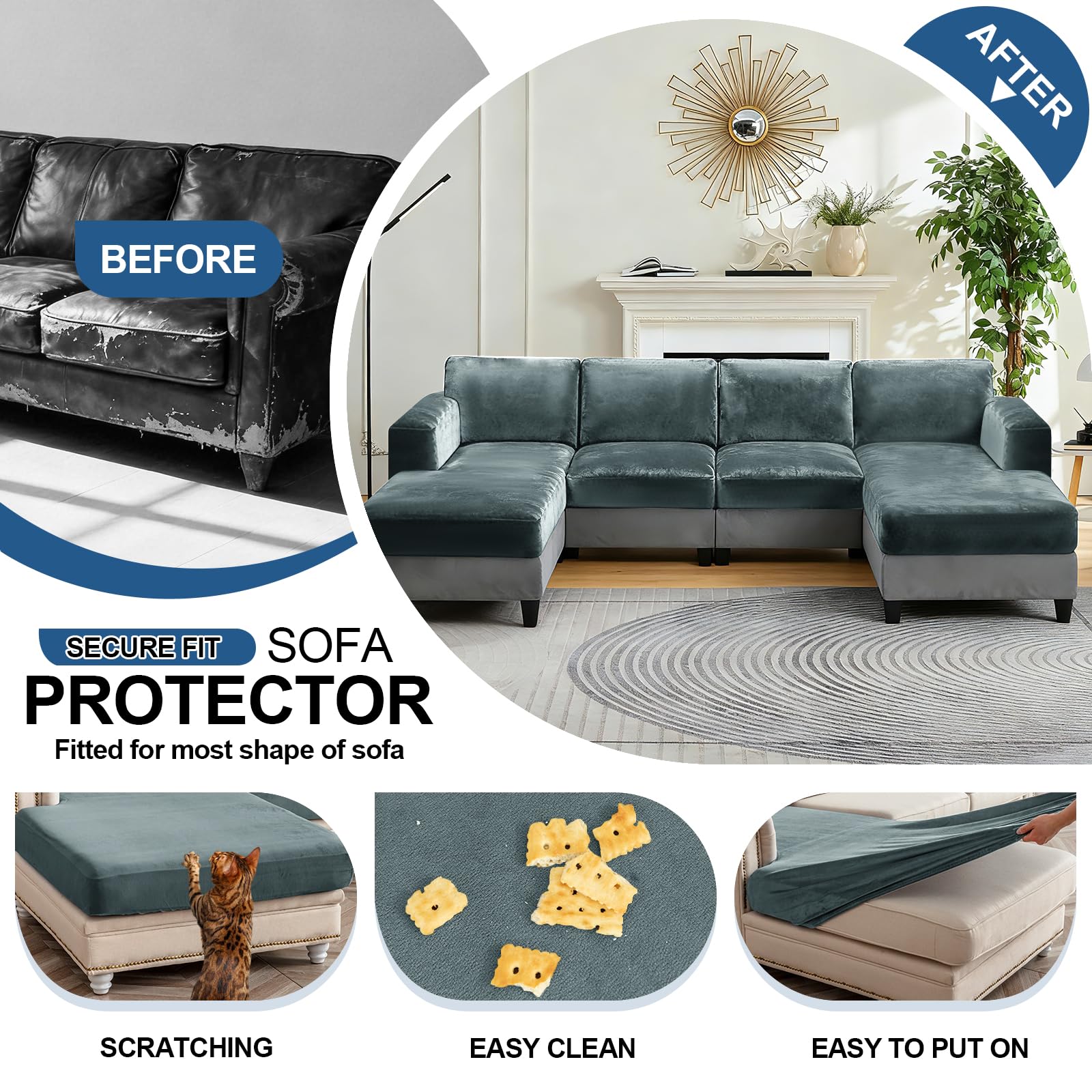 Sofabezug U Form Stretch Samt Ecksofa Bezugsset Universal Sofabezug Polsterbezug Sektional Sofa Cover L Shape Couchbezug Mit Sesselbezügen (grau-blau,Universal 10pcs Set)