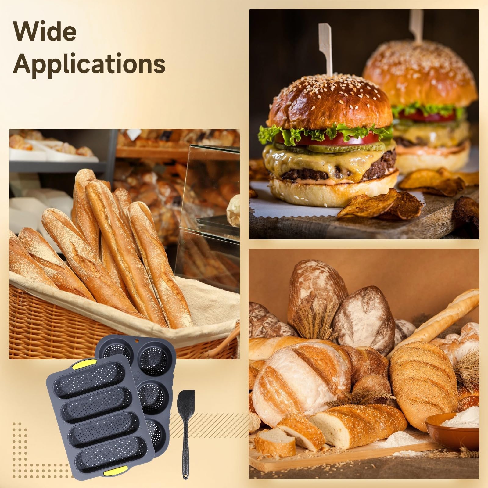 3-teiliges Silikon-Backformen-Set, Hamburgerbrötchen und Form mit Schaber, Antihaft-Brotblech für hausgemachte Sandwiches und Brote