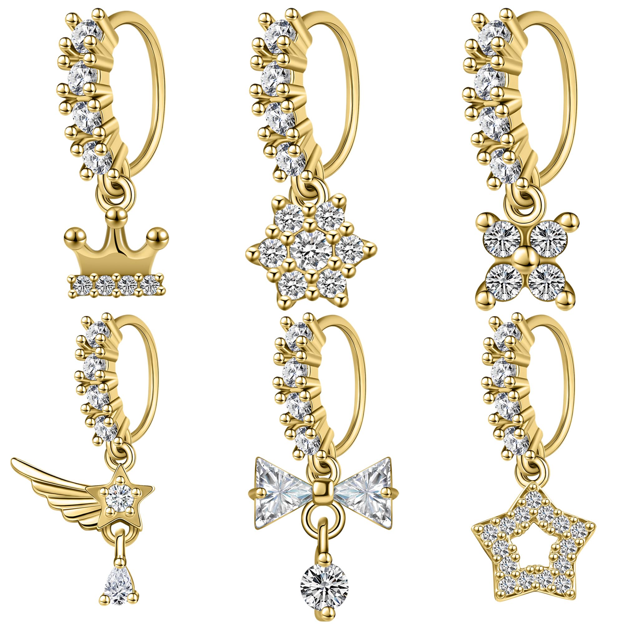 AccGin Dangle Nose Rings Hoops for Women 20G Nose Piercing Jewelry Set Copper Hypoallergenic Cartilage Earrings with CZ Flower Leaf Star Butterfly