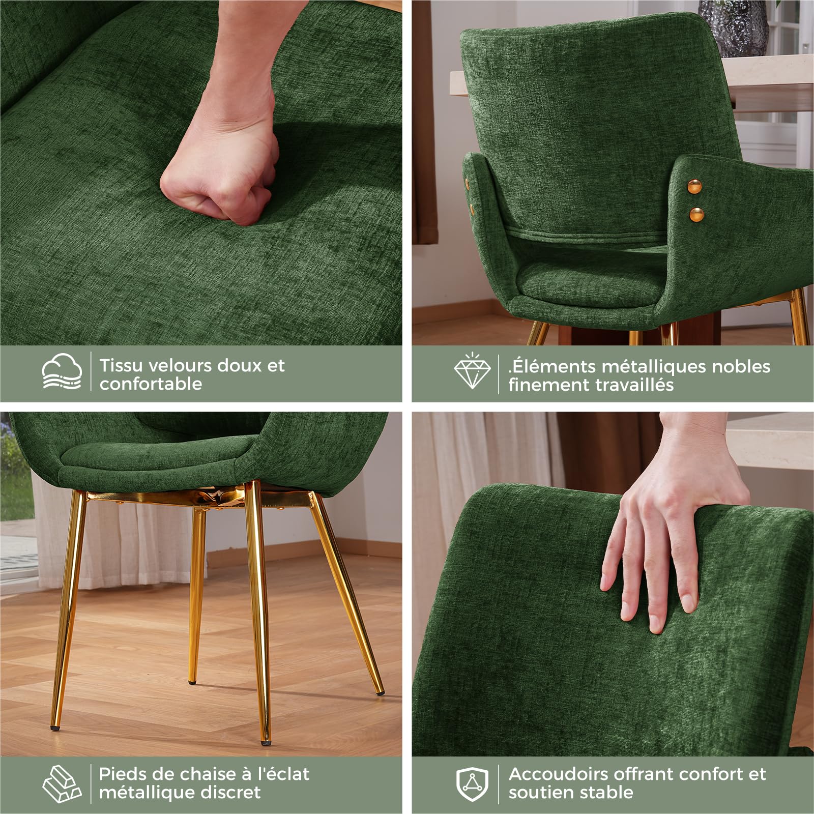 ELUCHANG Chaise Salle a Manger Lot de 4 avec accoudoirs, Vert Chenille, Pieds en métal doré, Idéal pour Salle à Manger Cuisine Dressing Coiffeuse, Jusqu’à 150 kg