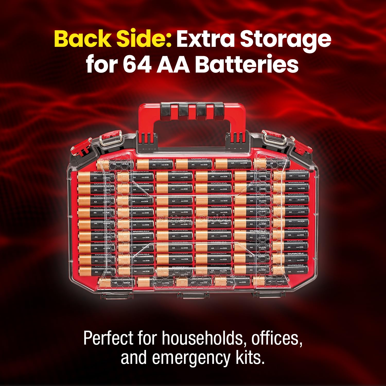 Battery Daddy Custodia portaoggetti con luce e tester, conserva e protegge oltre 200 batterie, design resistente su entrambi i lati, con coperchio di bloccaggio trasparente, chiusure sicure e maniglia
