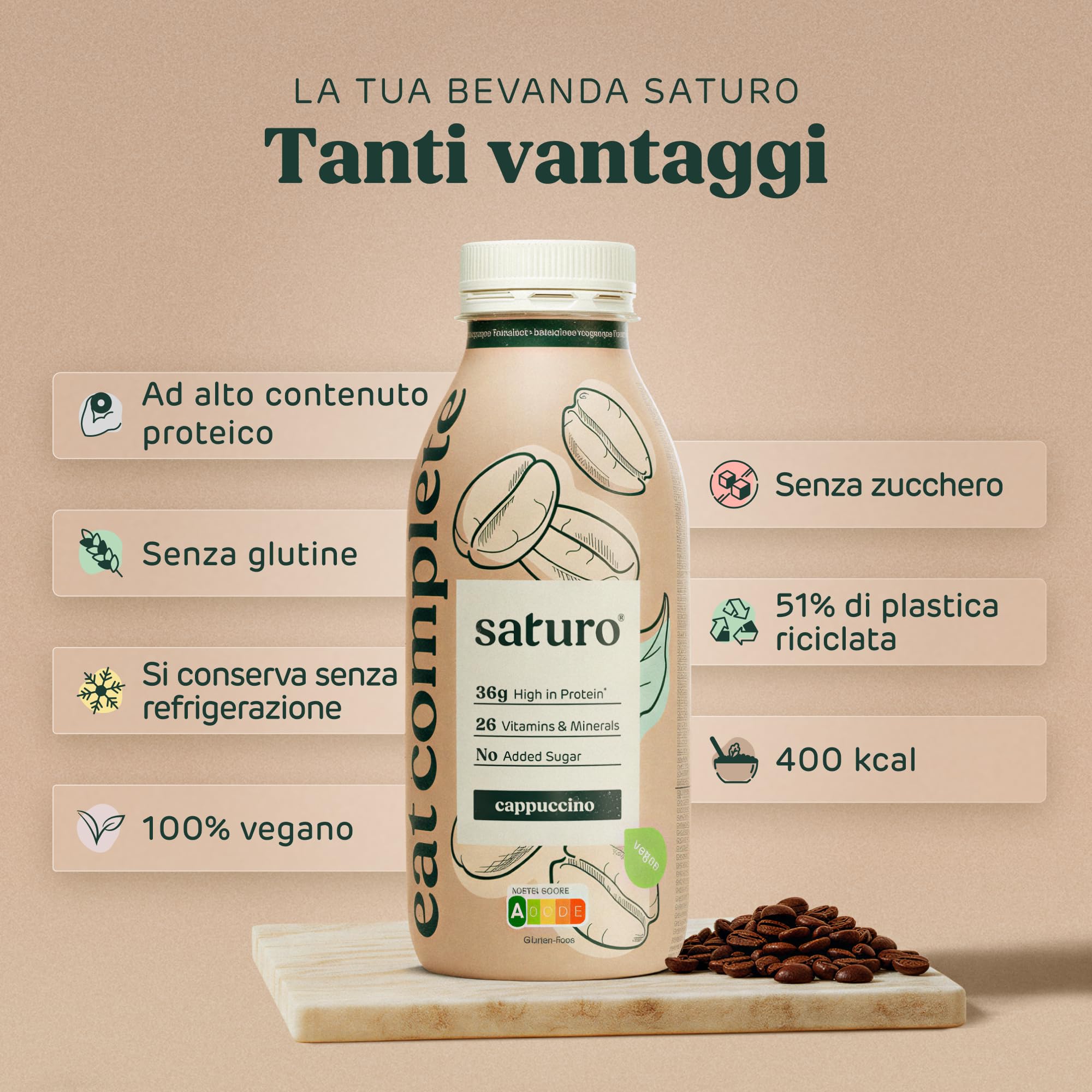 Saturo Pasto Sostitutivo Frullato Gusto Cappuccino | 36 g di proteine & senza zucchero | 400 kcal | Vegano | Pasto Bevibile con Nutrienti Essenziali | 6 x 400 ml
