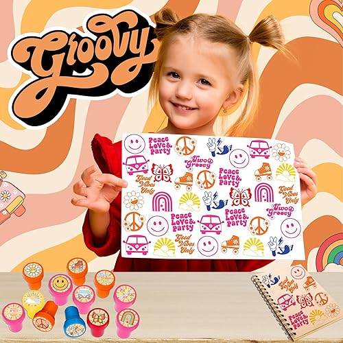 Miniatura 2 de Groovy - Sellos de los años 70 para niños, temáticos Groovy 70, regalos de fiesta de cumpleaños de los 70, suministros de decoración, 12 sellos,